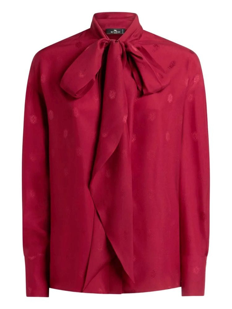 Etro Red Silk Bow Tie Detail Long-Sleeve Shirt