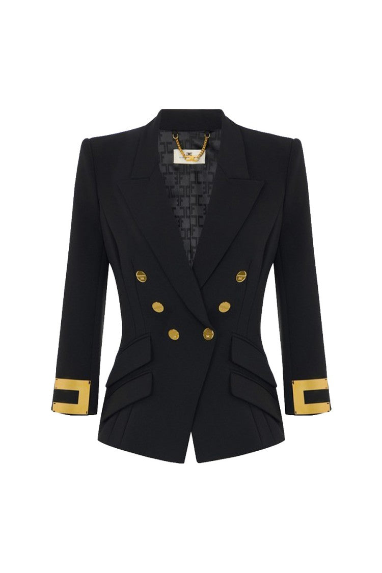 Elisabetta Franchi Black Double-Breasted Gold Buttons Polyester-Blend Blazer