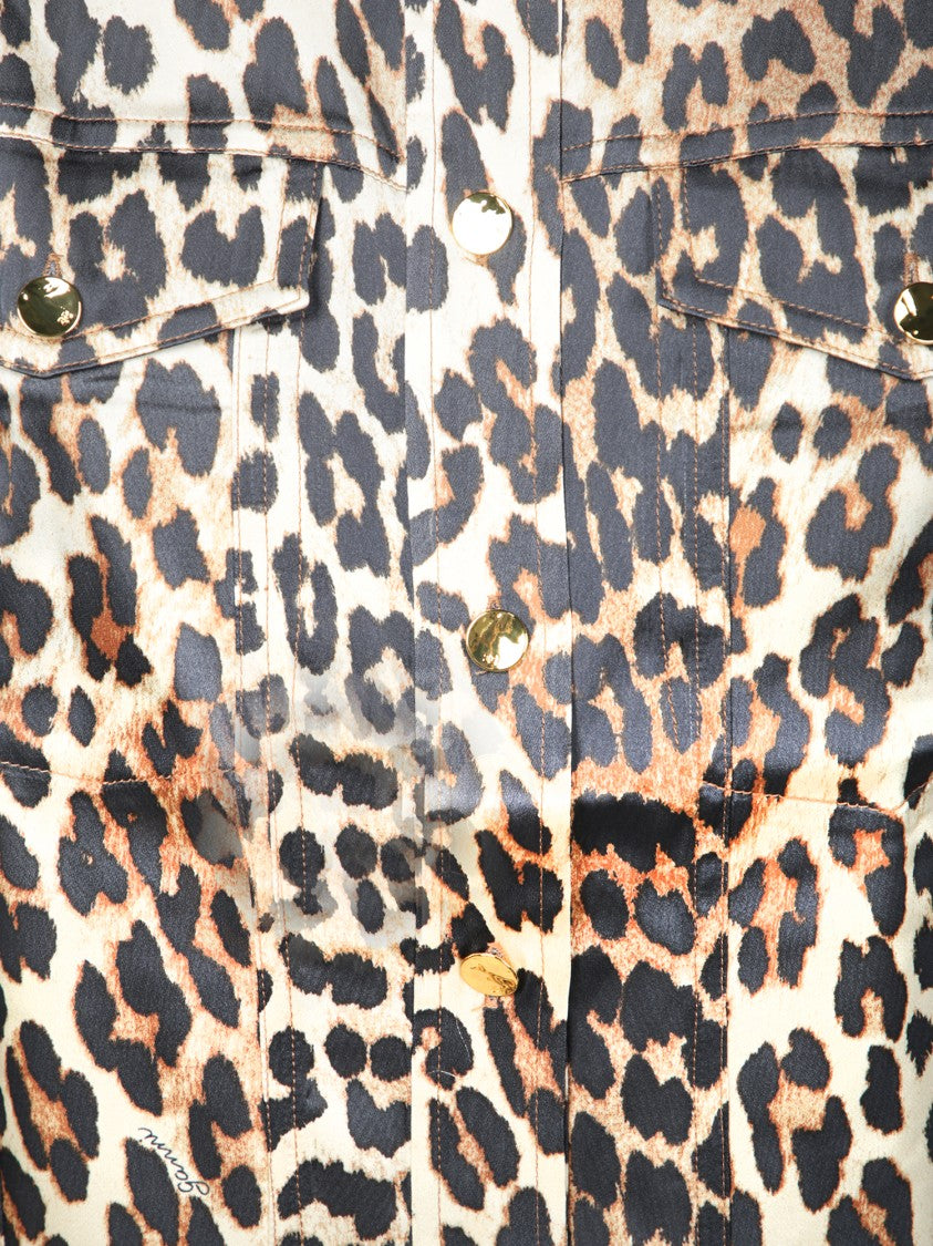 Ganni Leopard Pattern Satin Long Sleeve Shirt