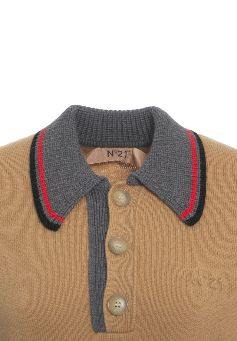N°21 Beige Knit Polo Sweater With Contrast-Striped Collar