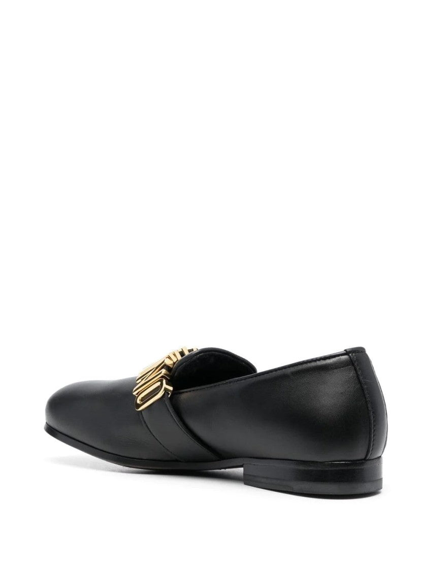 Moschino Sophisticated Closed-Toe Leather Loafers With Signature Gold Hardware