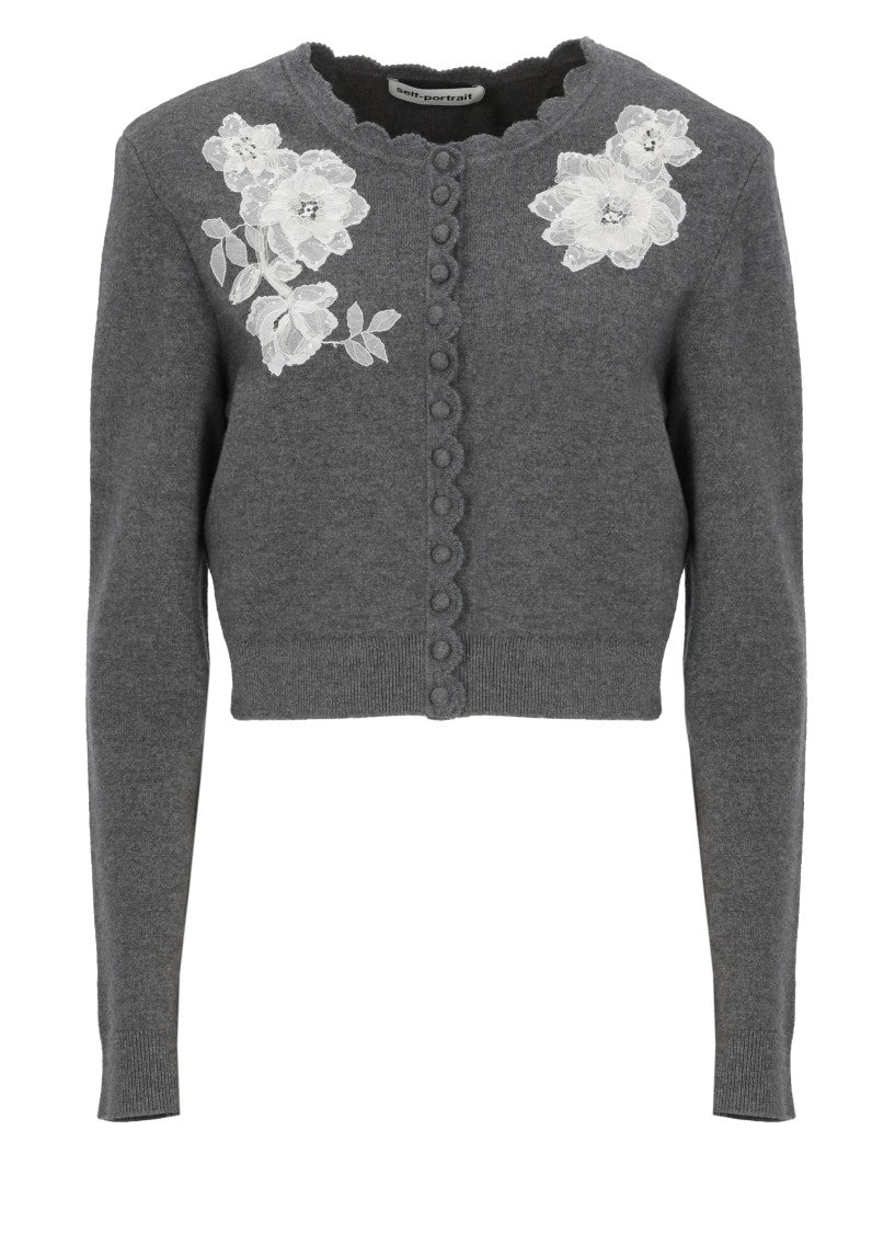 Self-Portrait Cropped Knit Cardigan With Floral Appliqués And Padded Shoulders