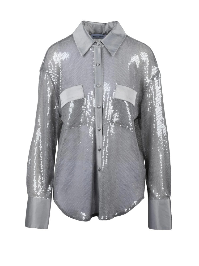 Weili Zheng Pearl Grey All-Over Sequin Polyester Shirt
