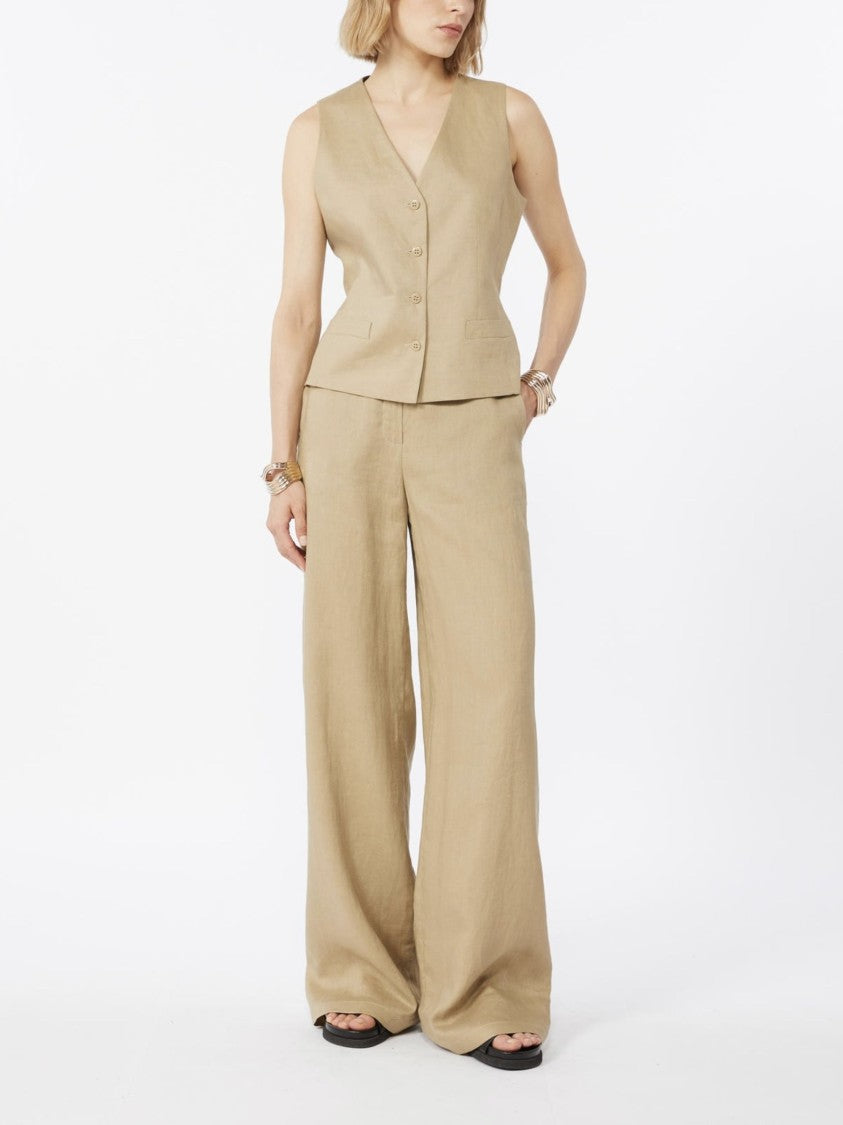 Max Mara Beige Belt Loops Linen Wide-Leg Pants
