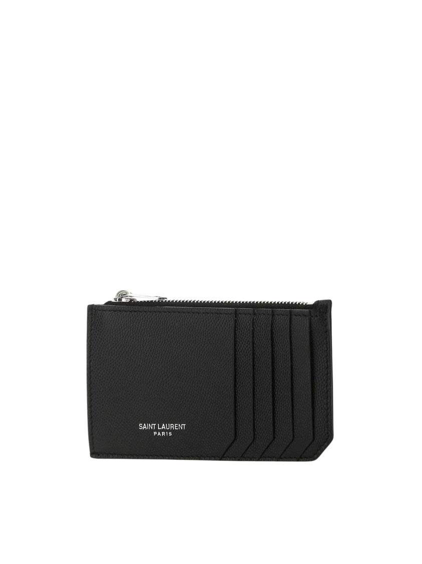 Saint Laurent Textured Calf Leather Cardholder With Silver Brass Accents