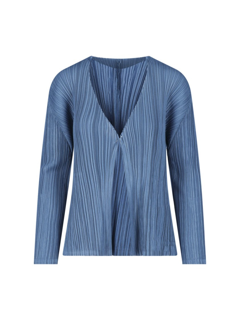 Pleats Please Issey Miyake Blue Pleated V-Neck Long-Sleeve Cardigan