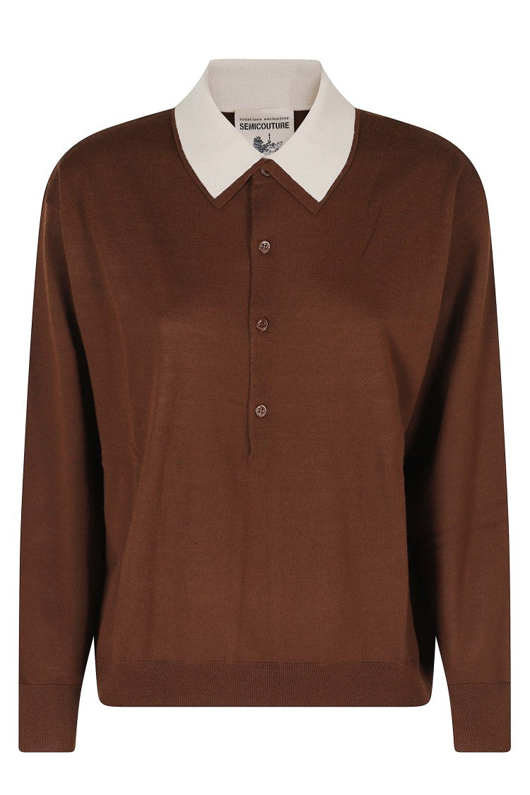 Semi Couture Brown Cassie Ribbed Edge Button Knit Polo Shirt