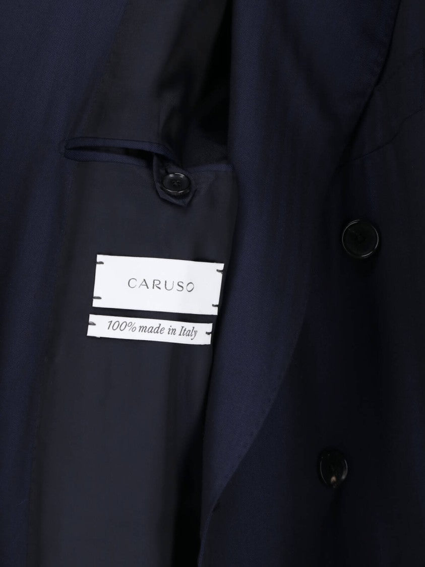 Caruso Navy Blue Double-Breasted Wool-Silk Suit