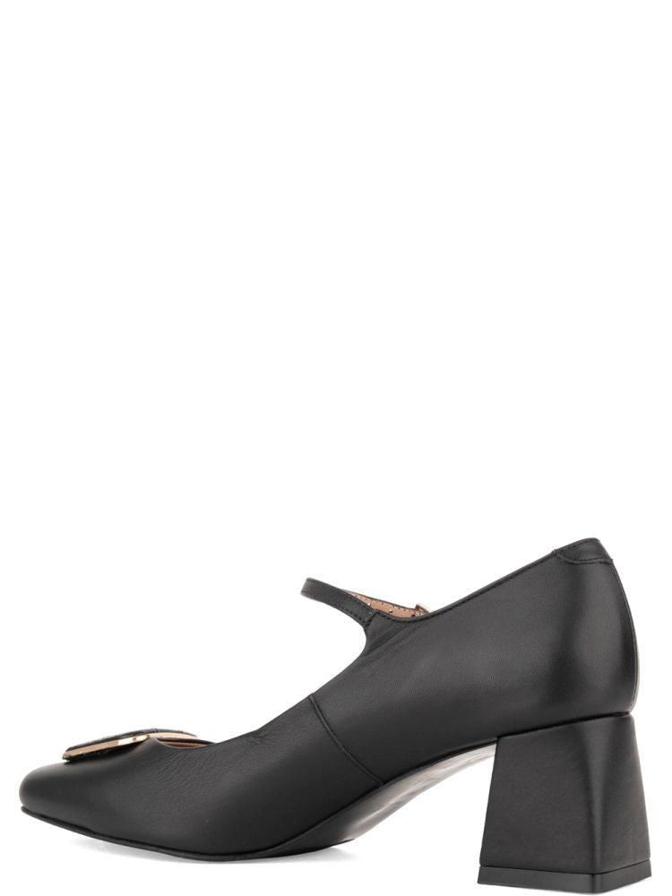 Sergio Moretti Black Closed-Toe Ankle Strap Leather Low-Heel Pumps