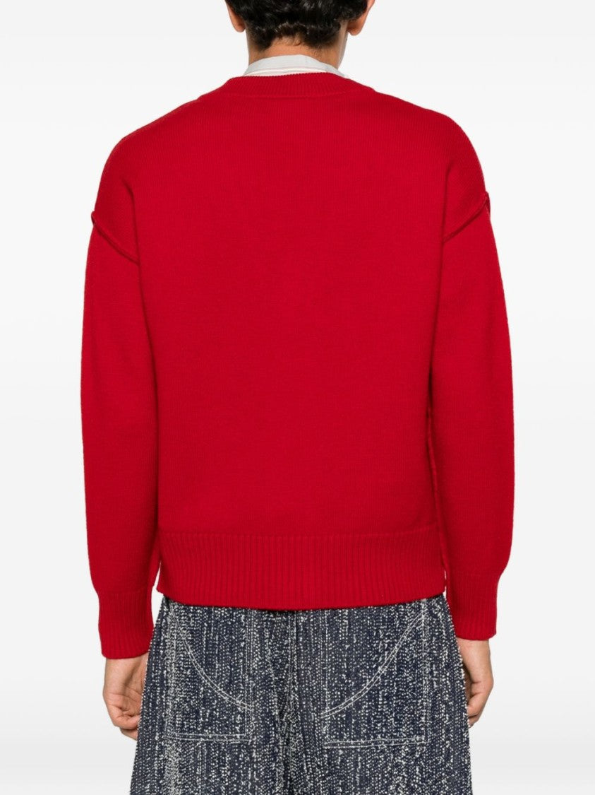Ami Paris Monogram V-Neck Sweater - Red