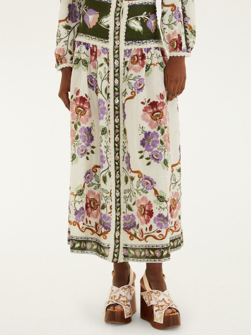 Farm Rio Multicolor Wide Floral-Trimmed Midi Skirt