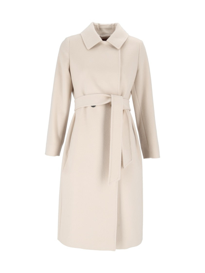 Max Mara White Bcollag Belted Virgin Wool Coat