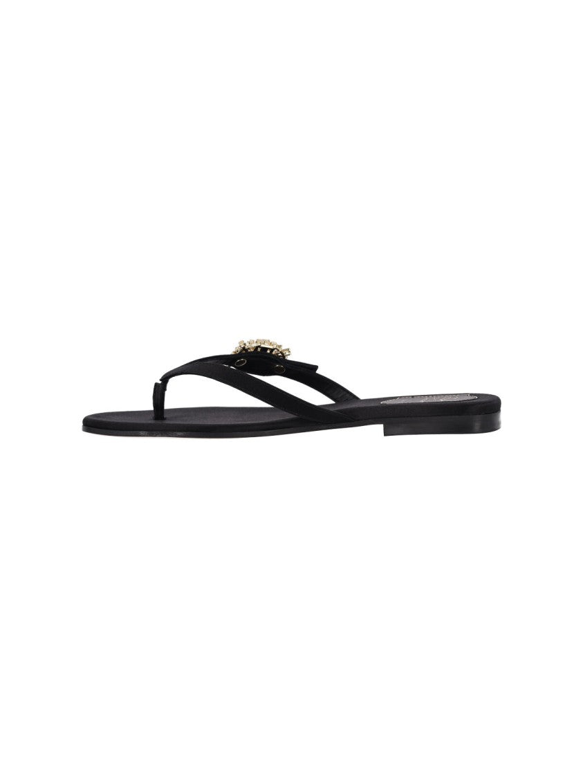 Roger Vivier Black Satin Crystal Slides Sandals