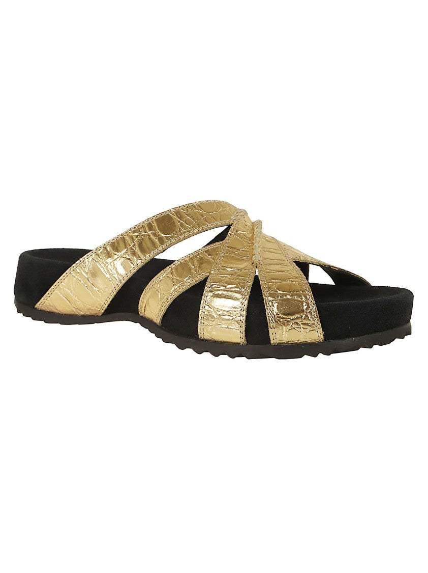 Dries Van Noten Gold-Toned Calfskin Sandals With Interwoven Straps