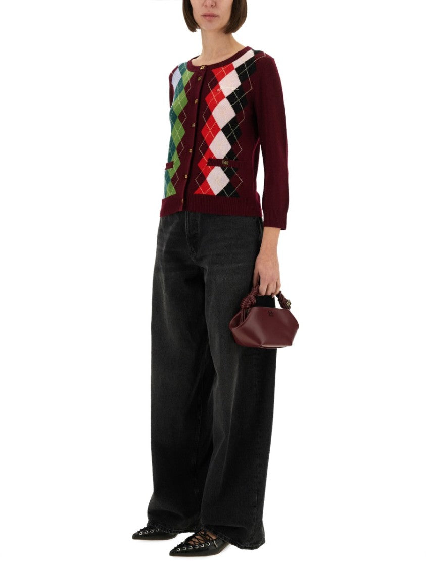 Ganni Burgundy Argyle Cardigan With Three-Quarter Sleeves
