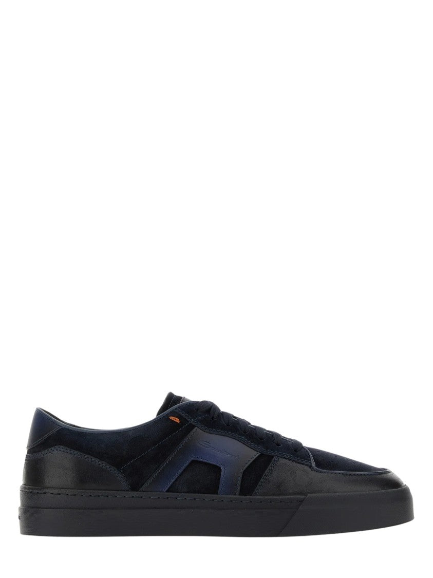 Santoni Low-Top Leather Suede Rubber Sole Sneakers
