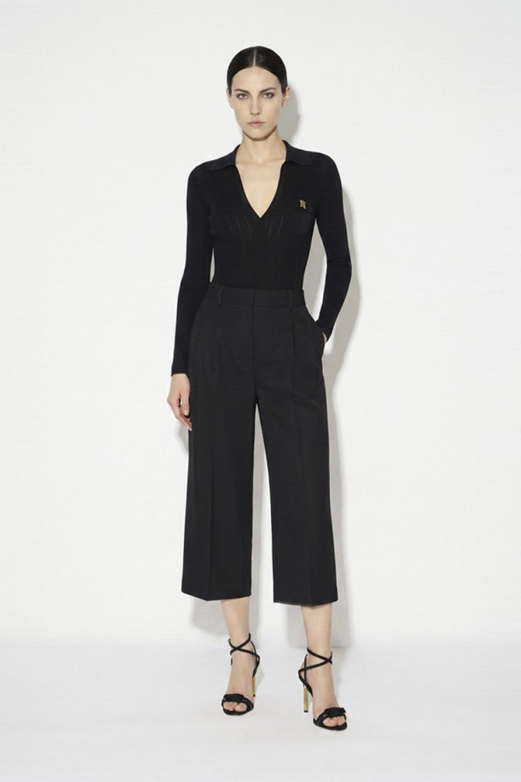 Elisabetta Franchi Black Ribbed V-Neck Lyocell-Blend Bodysuit