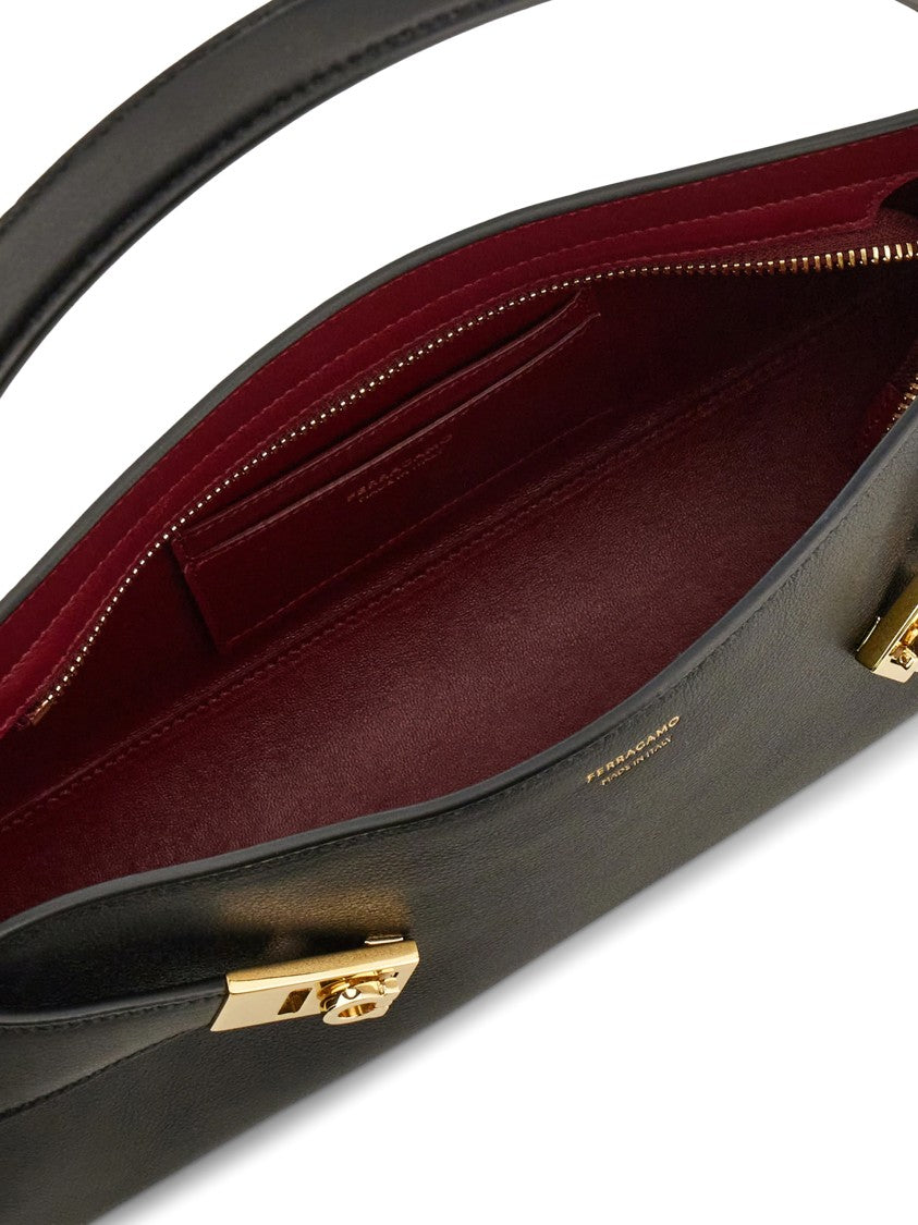 Ferragamo Hug Sh Ew Gold Accent Black Leather Handbag