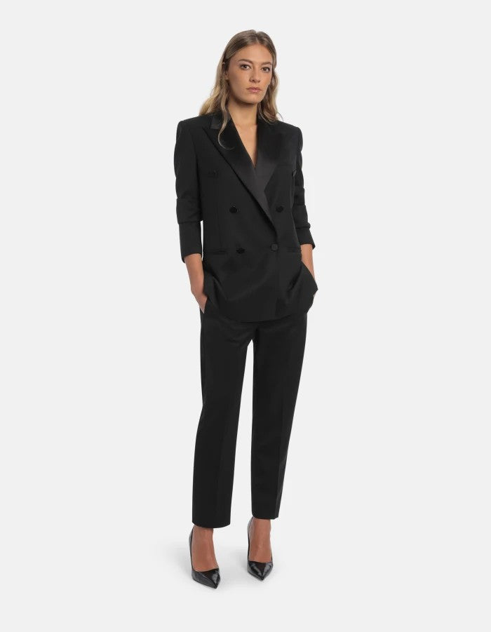 Dondup Black Double-Breasted Blazer With Satin Peak Lapel