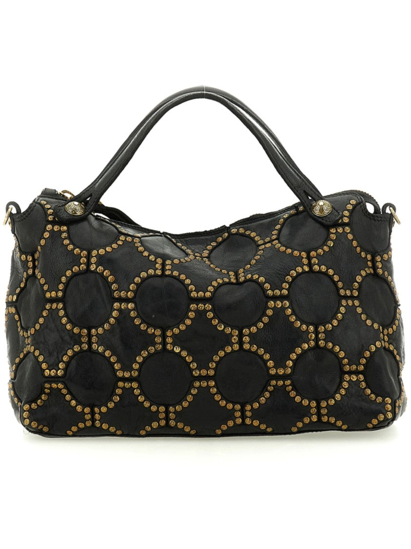 Campomaggi Black Leather Handbag With Circular Patch Design And Gold-Tone Studs