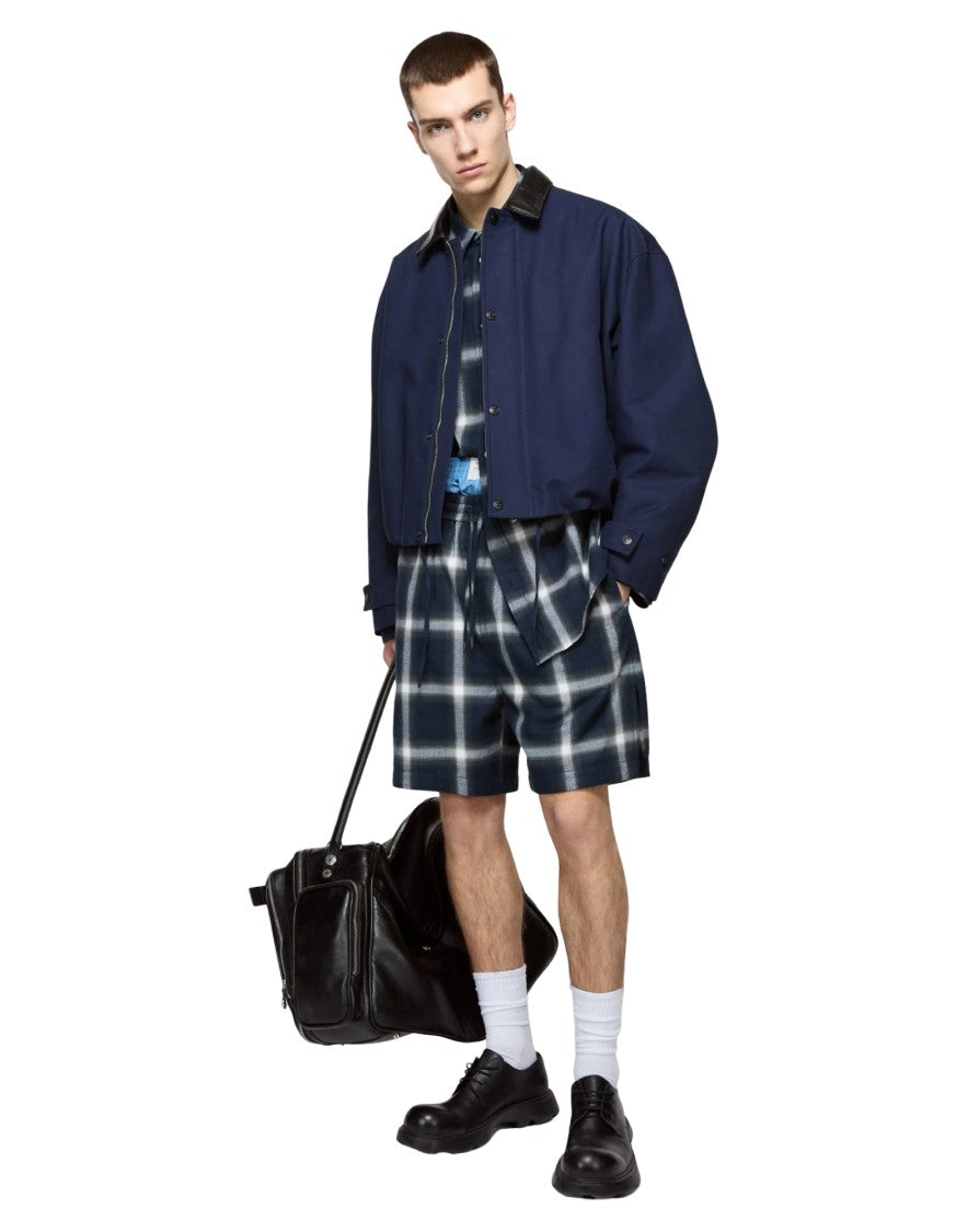 Acne Studios Cropped Dark Blue Jacket With Black Leather Collar