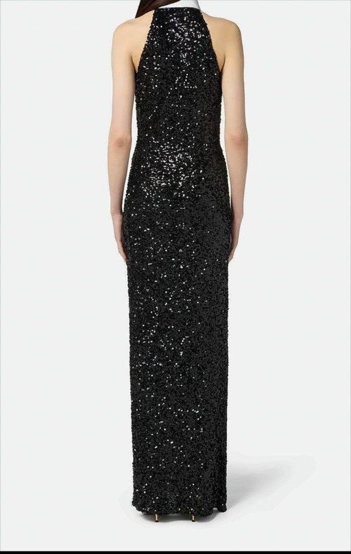 Elisabetta Franchi Full Sequined Evening Dress With Shirt Collar
