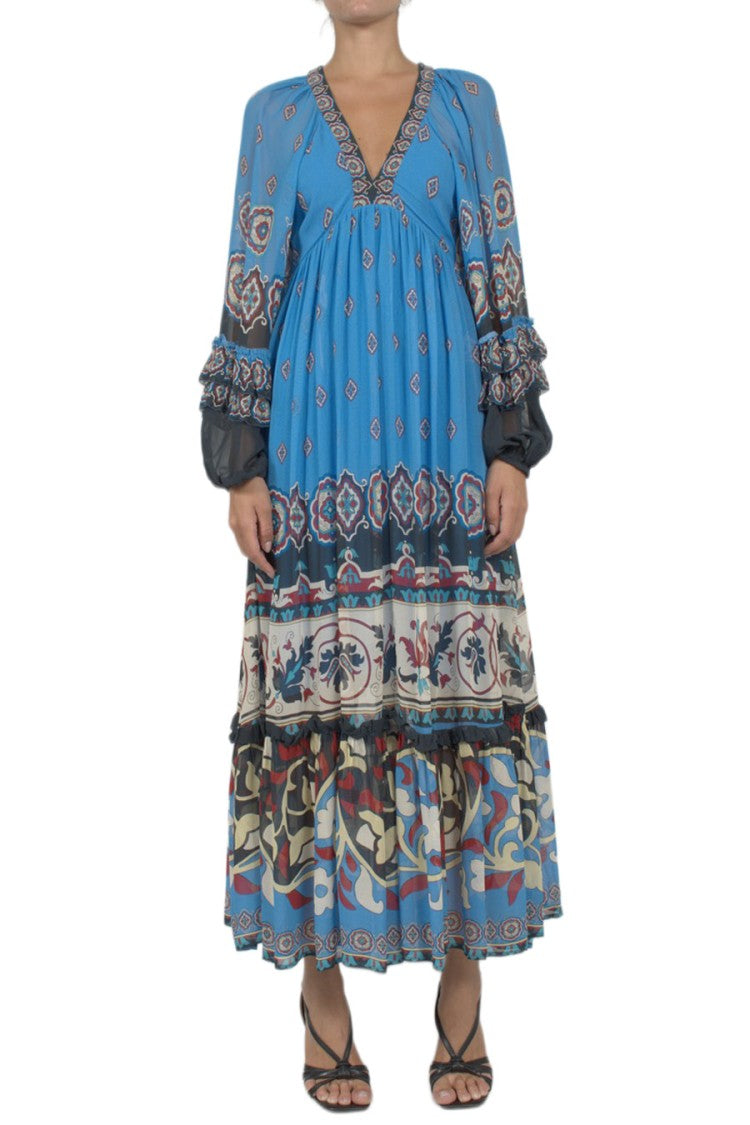 Farm Rio Blue Balloon-Sleeve Printed Viscose Maxi Dress