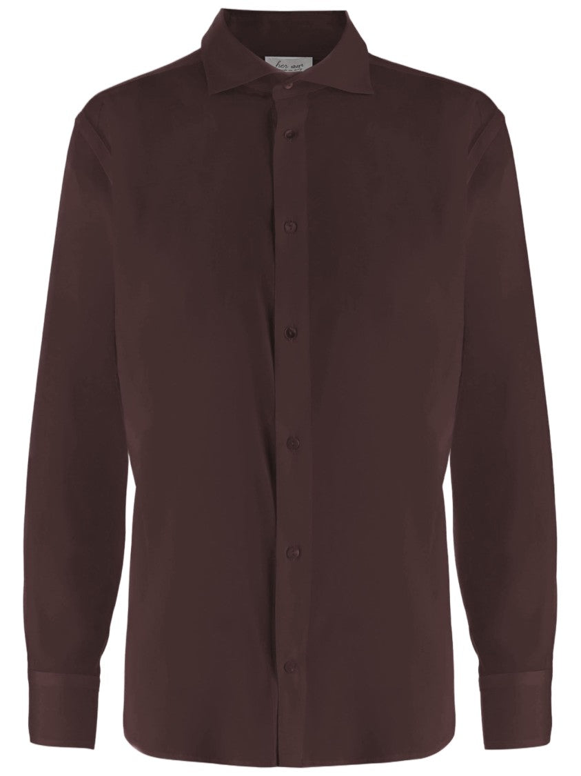 Her Shirt Brown Classic Collar Buttoned Cuffs Stretch Silk Shirt