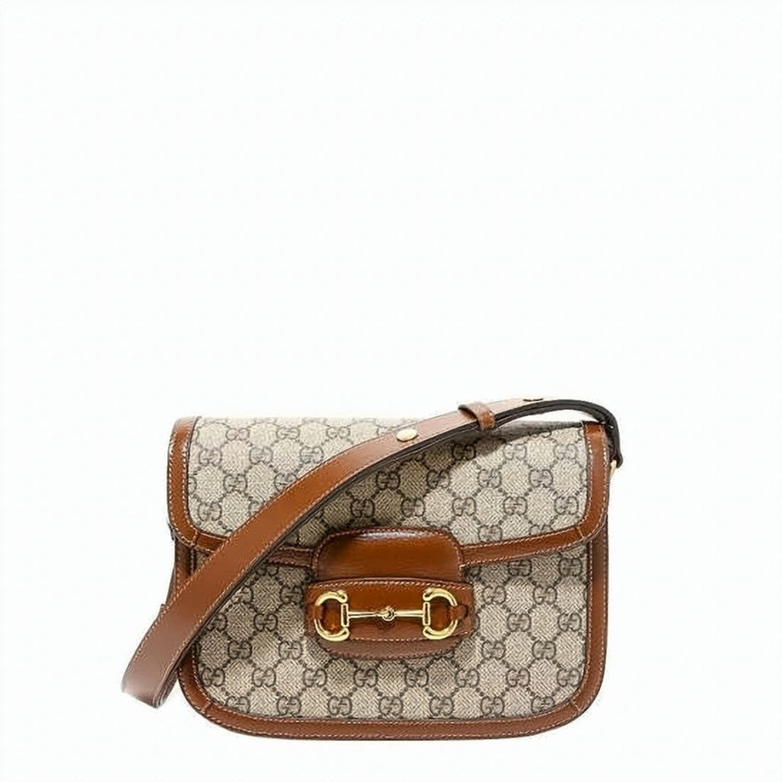 Gucci Structured Beige Canvas Horsebit Shoulder Bag With Leather Trimming