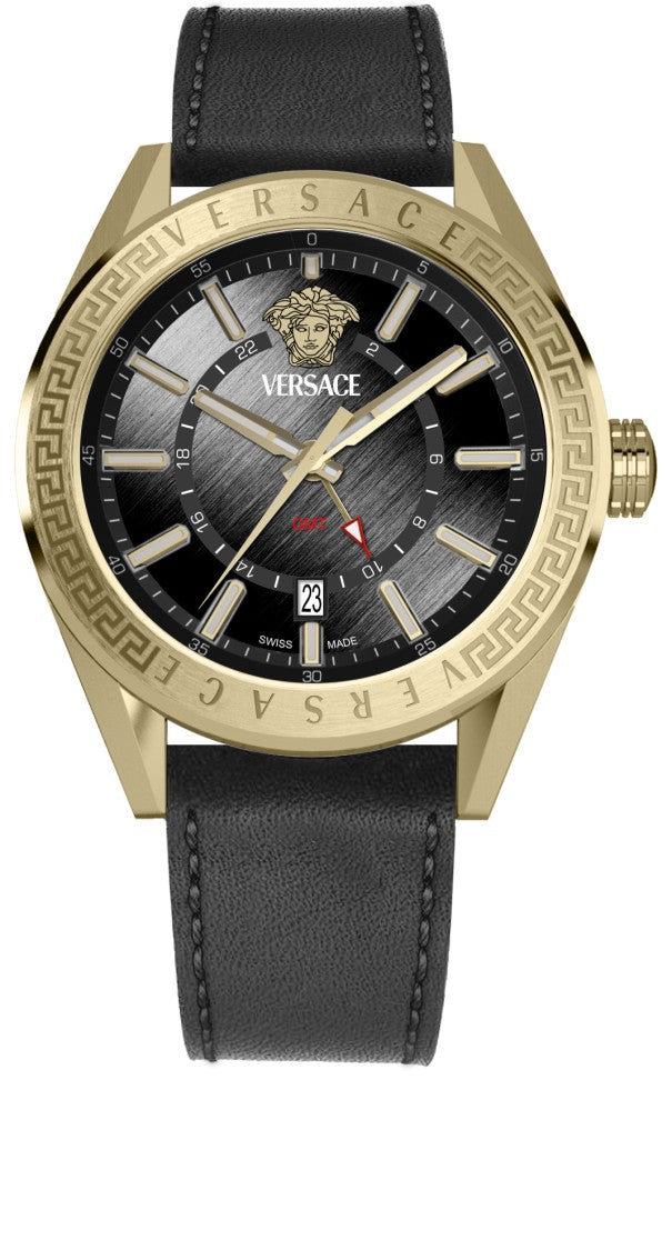 Versace Men's Gmt Analog Quartz Watch With Black Dial And Gold-Tone Case