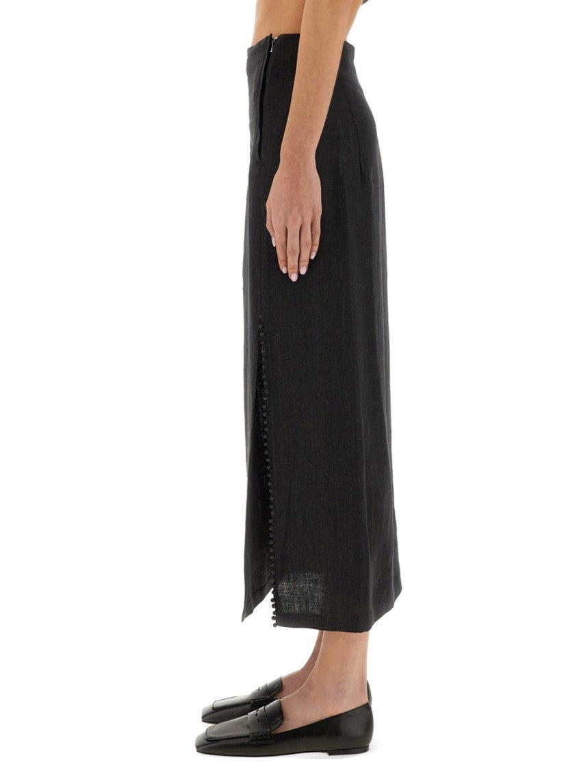 Alysi Black Linen Maxi Skirt With Side Slit