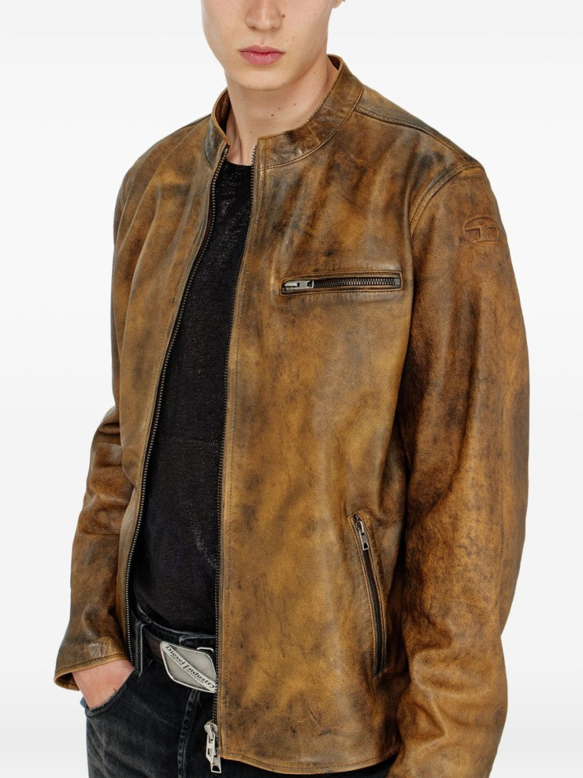 Diesel Distressed Brown Leather Jacket With Structured Fit