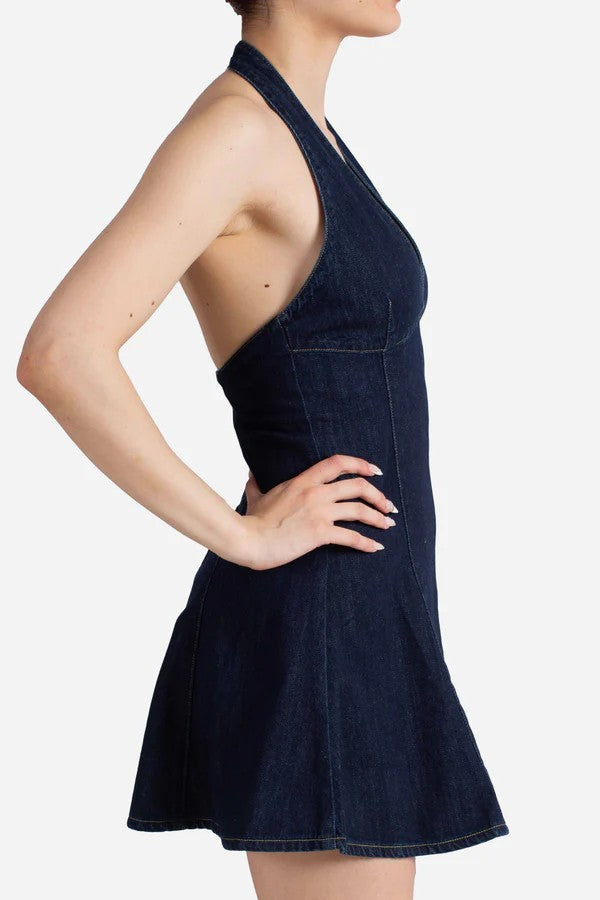 Mc2 Saint Barth Dark Blue Denim Mini Dress With Halter Neckline