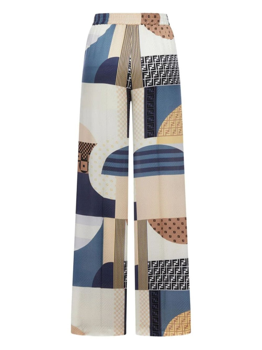 Fendi Wide-Leg Silk Patchwork Pants With Geometric Patterns