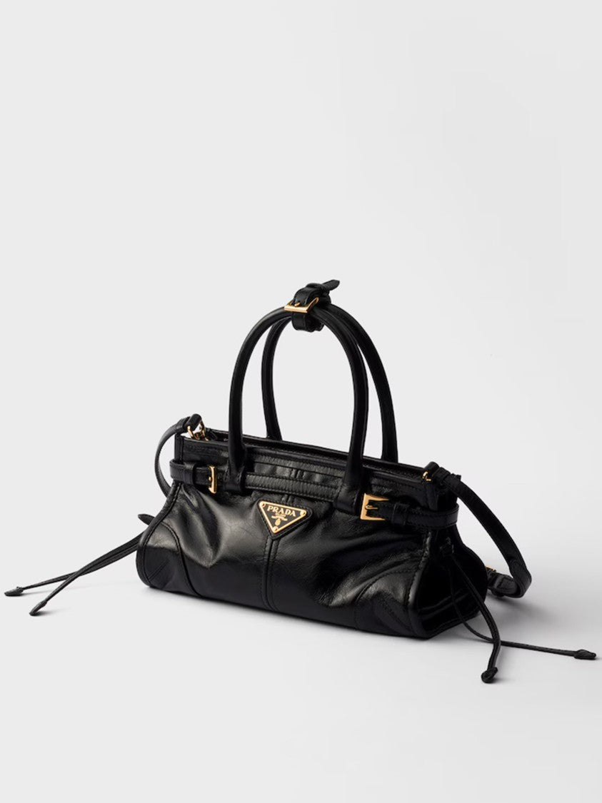 Prada Mini Handbag With Glossy Black Finish And Gold Accents