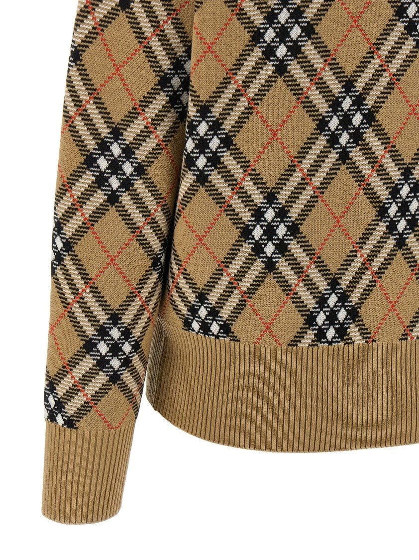 Burberry Check Pattern Wool Sweater With Crew Neck And Cuffed Sleeves