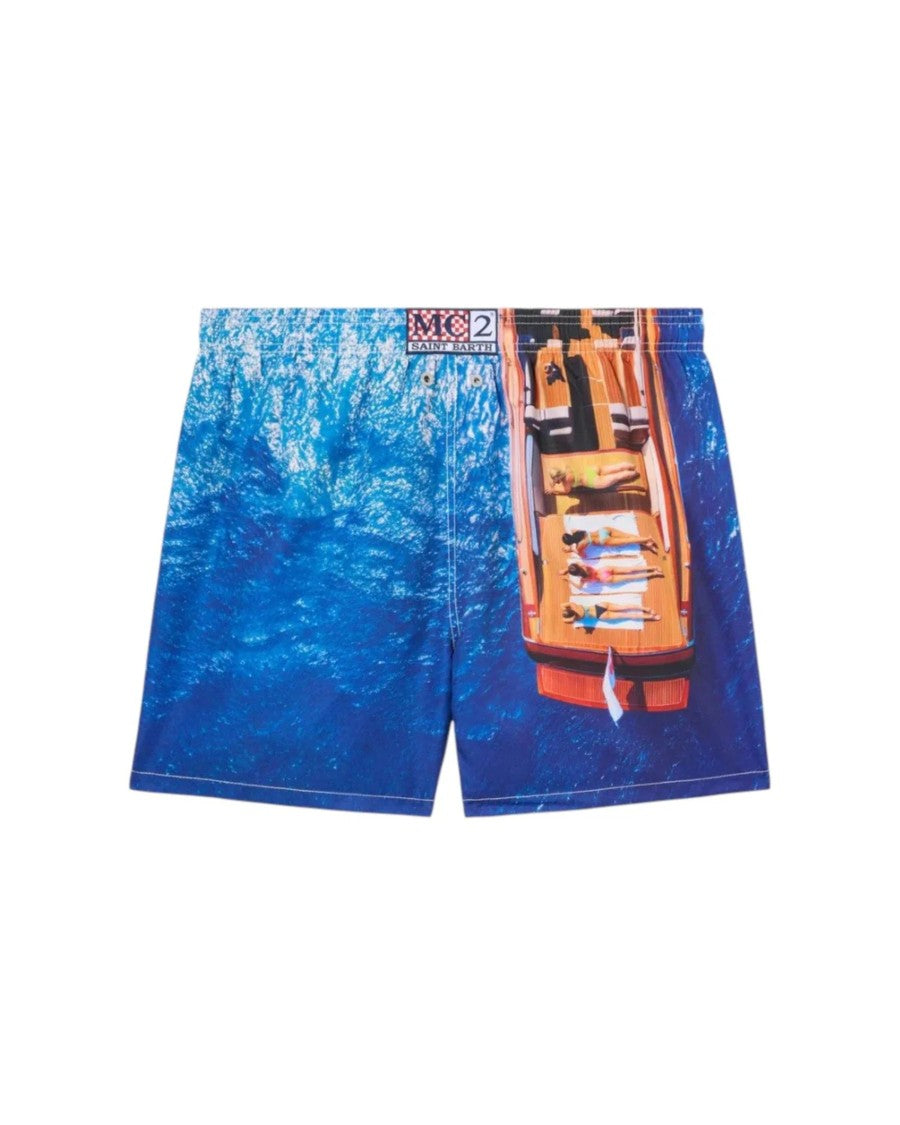 Mc2 Saint Barth Vibrant Boat Print Swim Shorts With Drawstring Waistband
