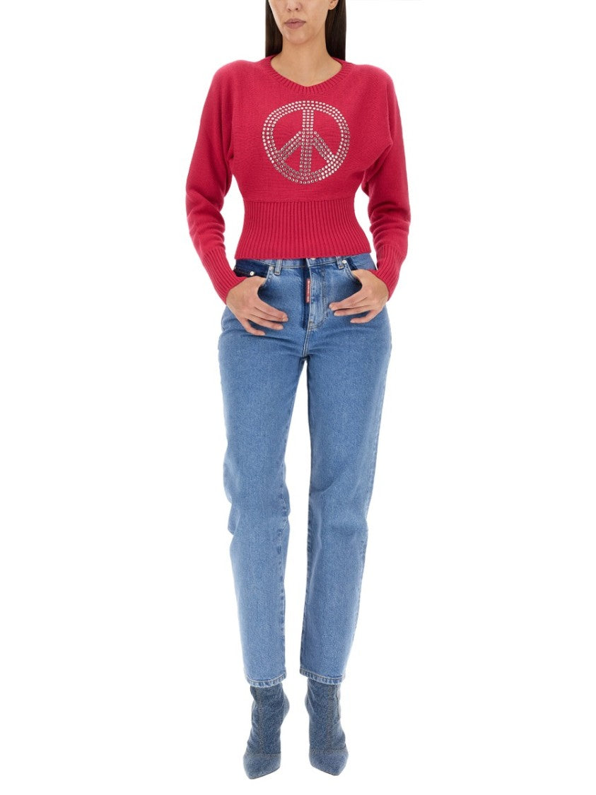 Moschino Cropped Jersey With Rhinestone Peace Symbol