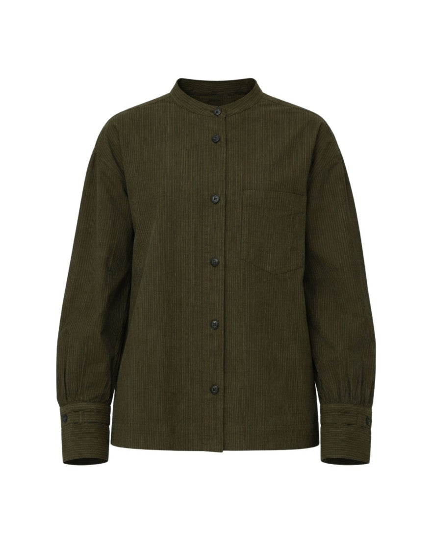 Pomandère Military Green Striped Cotton Loose-Fit Shirt