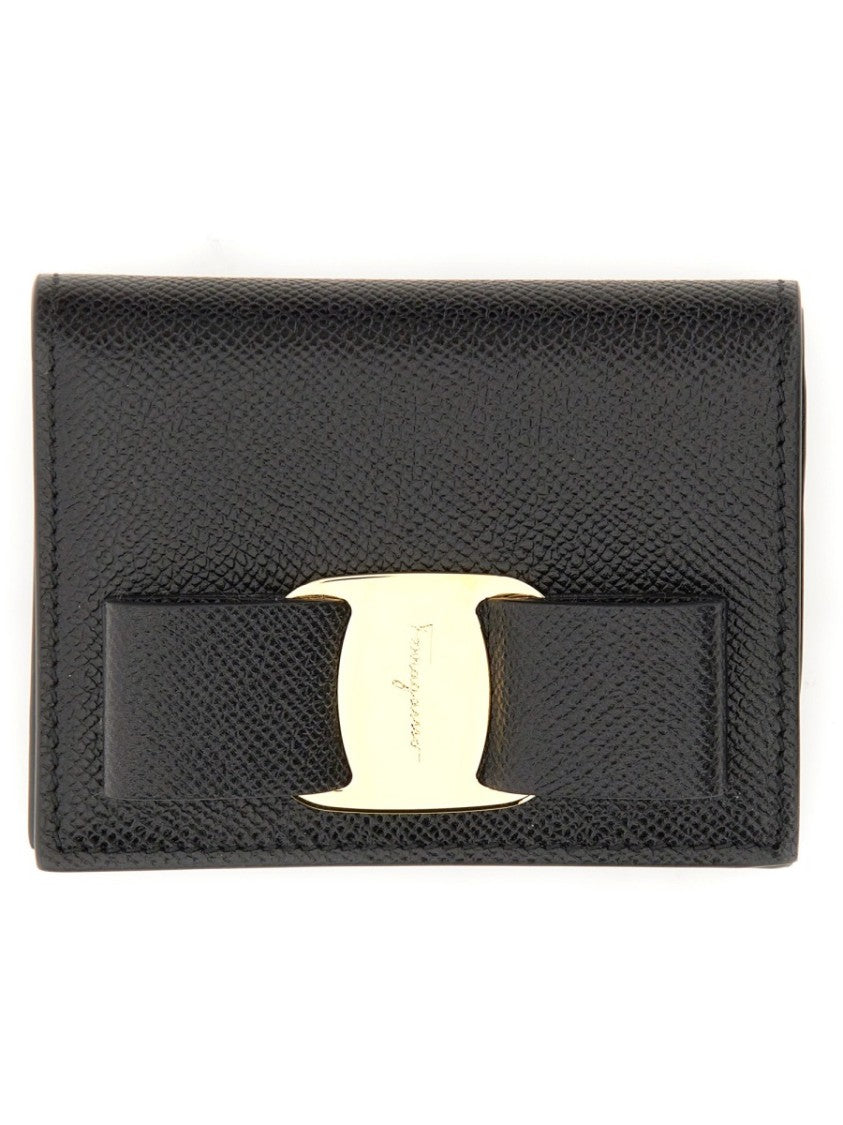 Ferragamo Compact Textured Wallet With Metallic Logo And Bow Detail