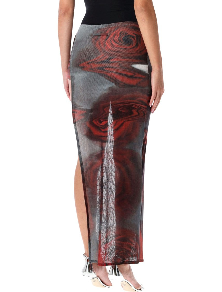 Jean Paul Gaultier Red Blurry Roses Tulle Skort