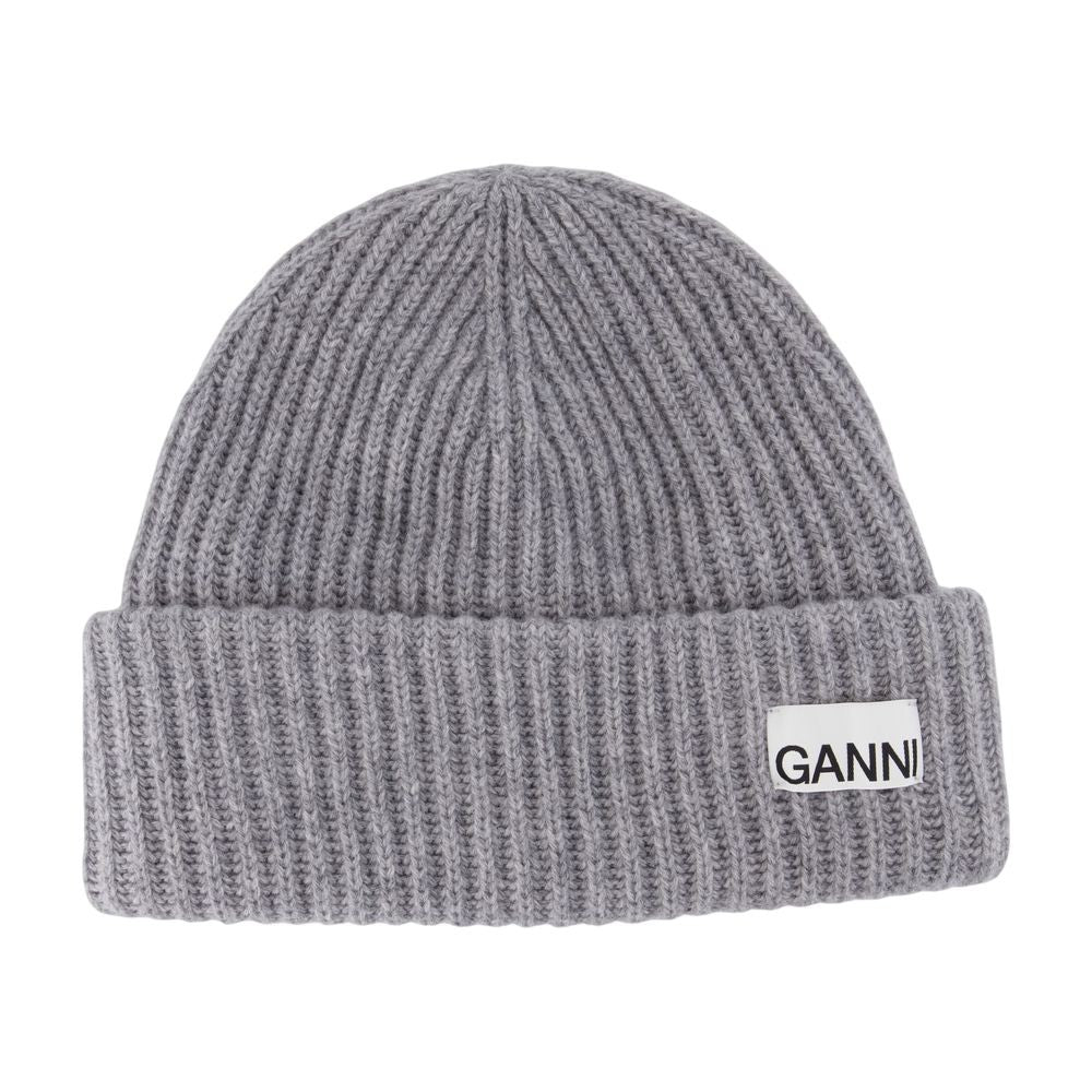 Ganni Structured Rib Beanie - Wool - Grey