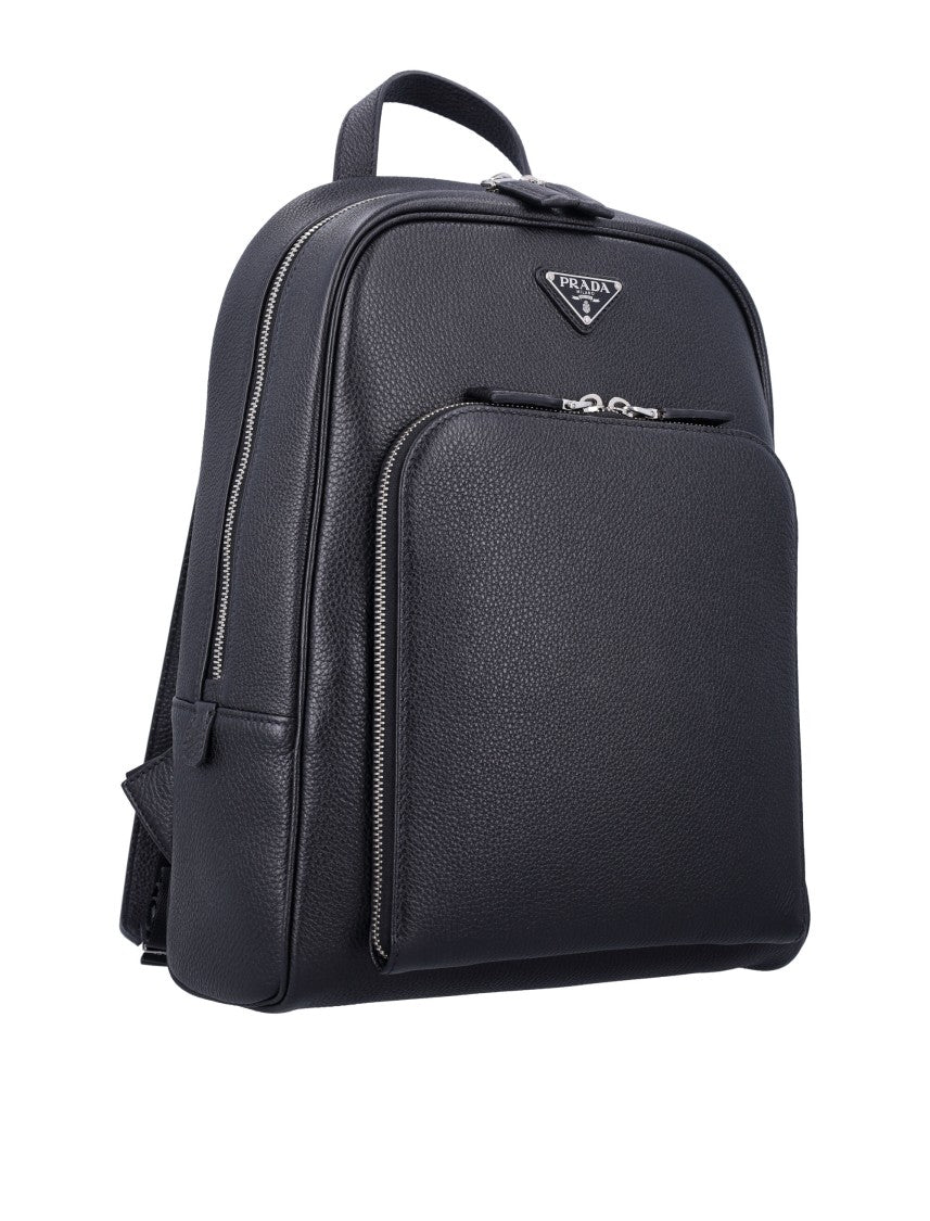 Prada Pebbled Leather Backpack With Top Handle And Adjustable Straps