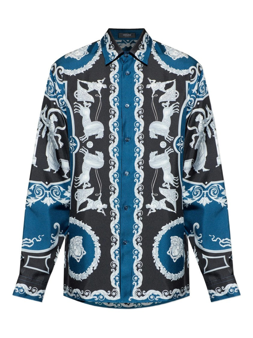 Versace Blue Baroque-Print Silk Long-Sleeve Shirt