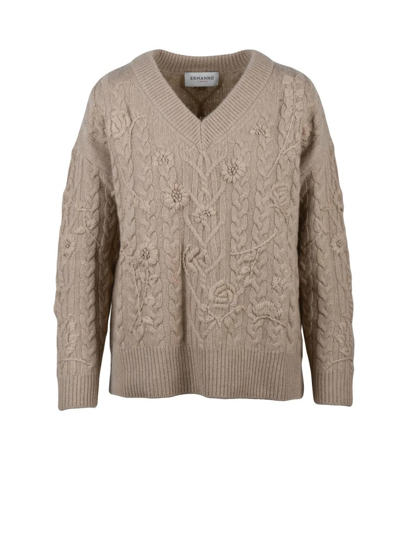 Ermanno Firenze V-Neck Cashmere-Wool Sweater With Floral Embroidery