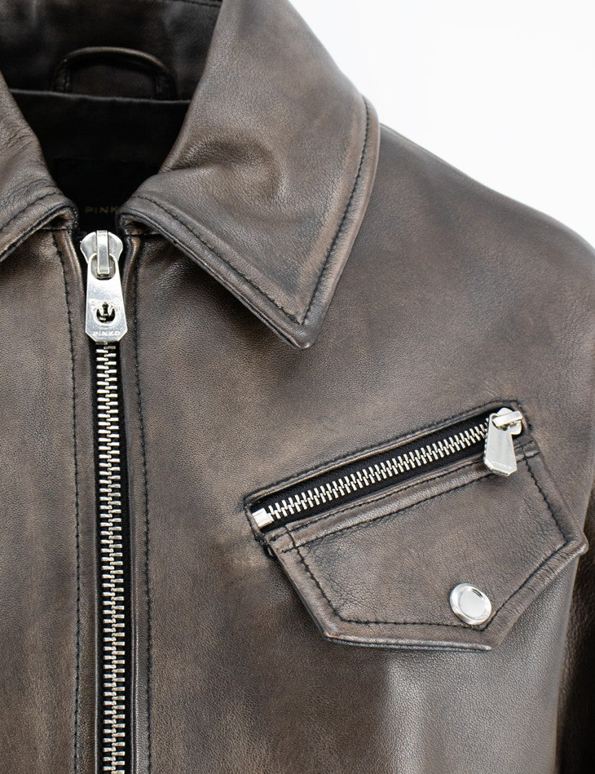 Pinko Oversized Black Leather Jacket With Vintage Finish