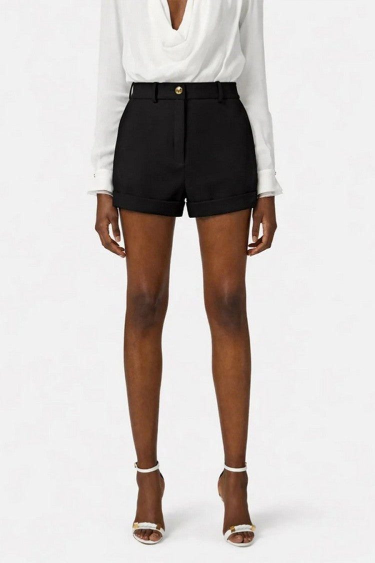 Elisabetta Franchi Black High-Waist Cuffed Hem Polyester-Blend Shorts