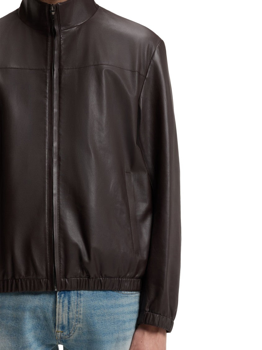 Boss Minimalist Brown Leather Jacket With Zipper Closure