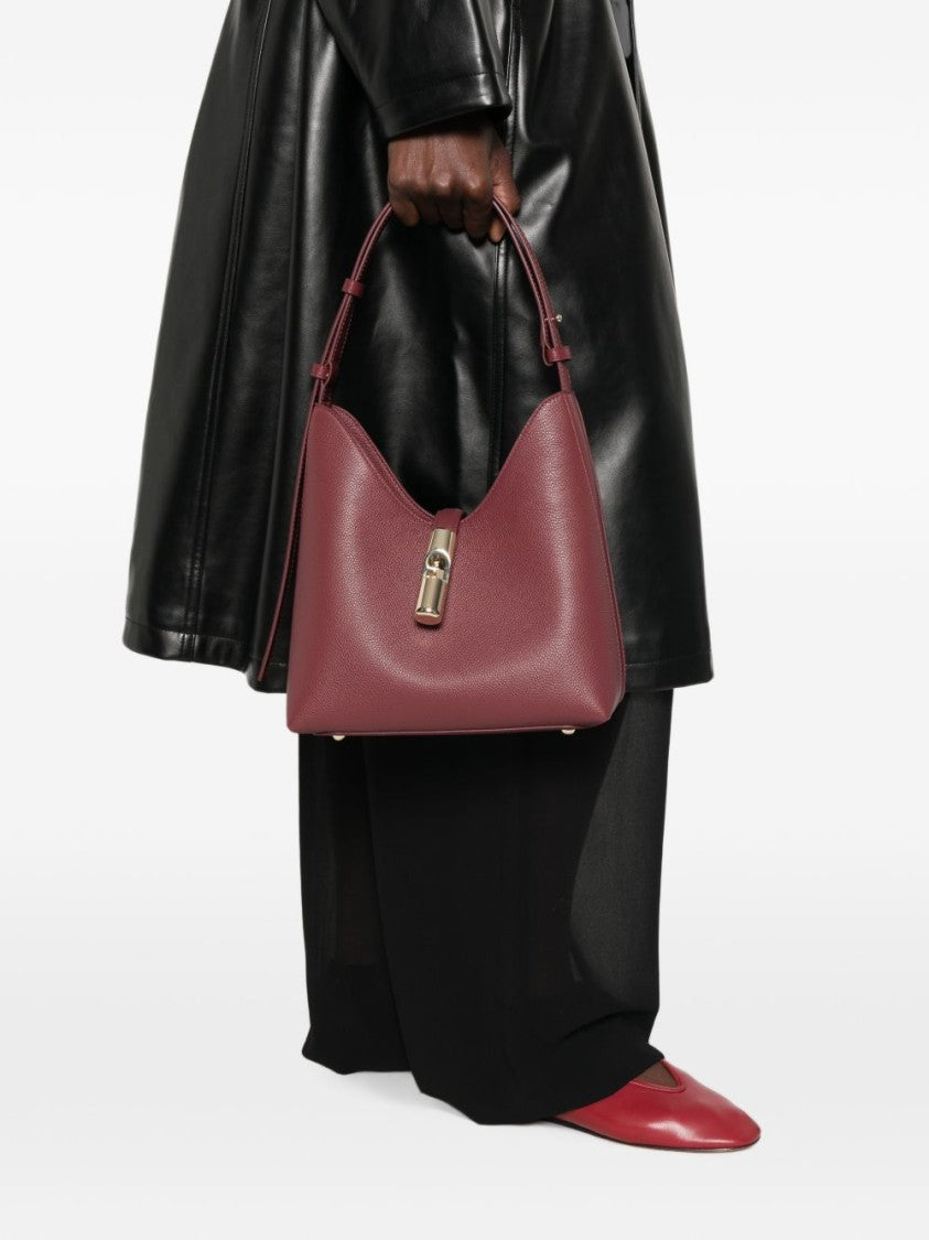 Furla Burgundy Leather Gold Clasp Structured Top-Handle Bag