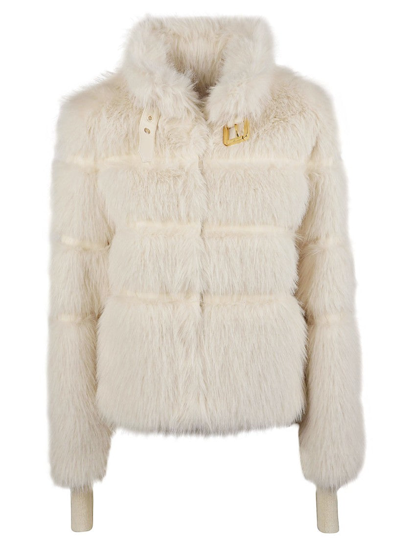 Patrizia Pepe Cropped Buckled Faux Fur Down Jacket